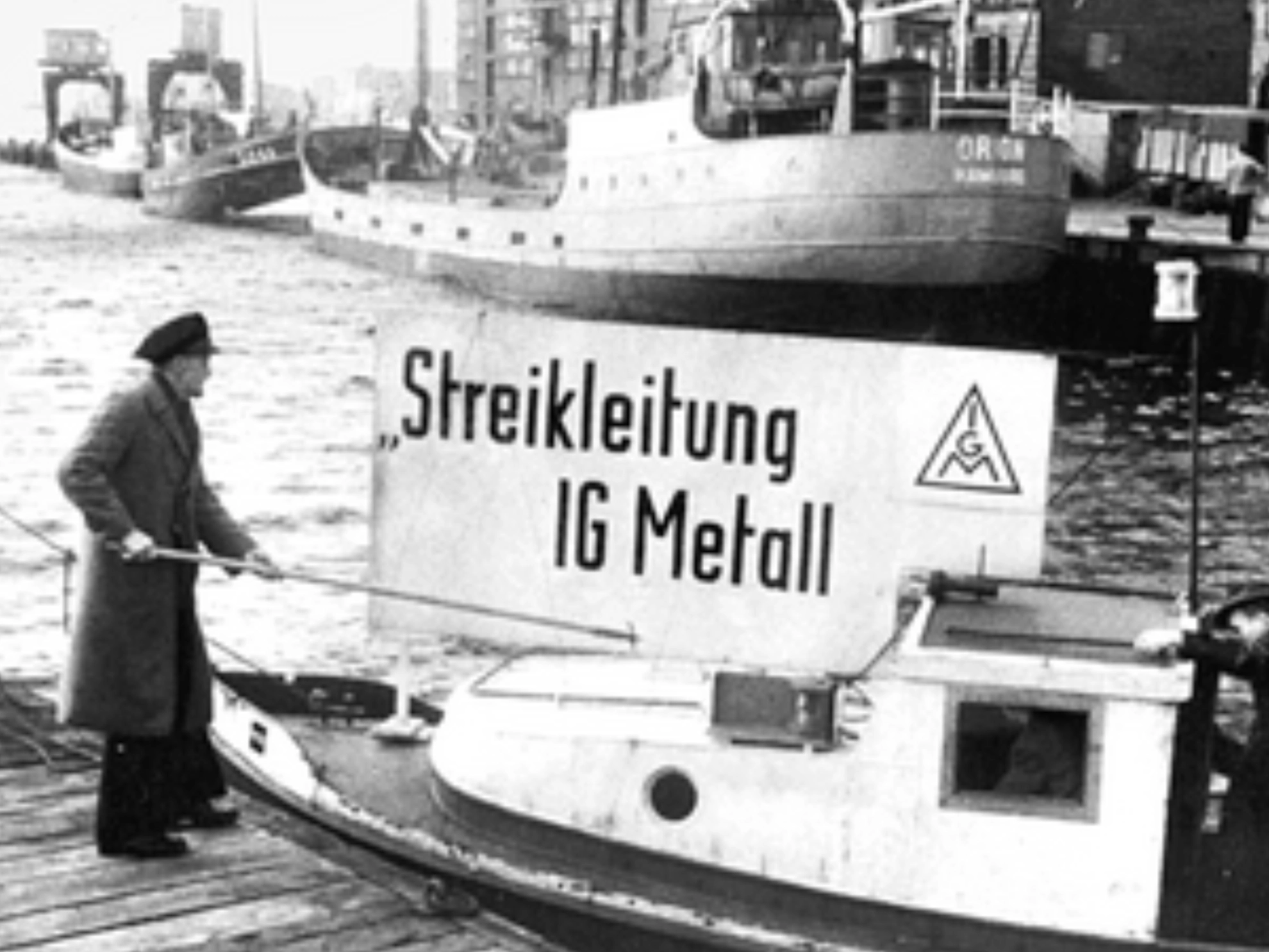 Streikleitung IG Metall Boot schwarzweiss historisch Geschichte Werft