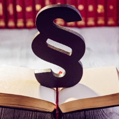 Ein schwarzer Paragraph steht auf einem geöffneten Gesetzbuch, im Hintergrund sind unscharf weitere Bücher zu sehen